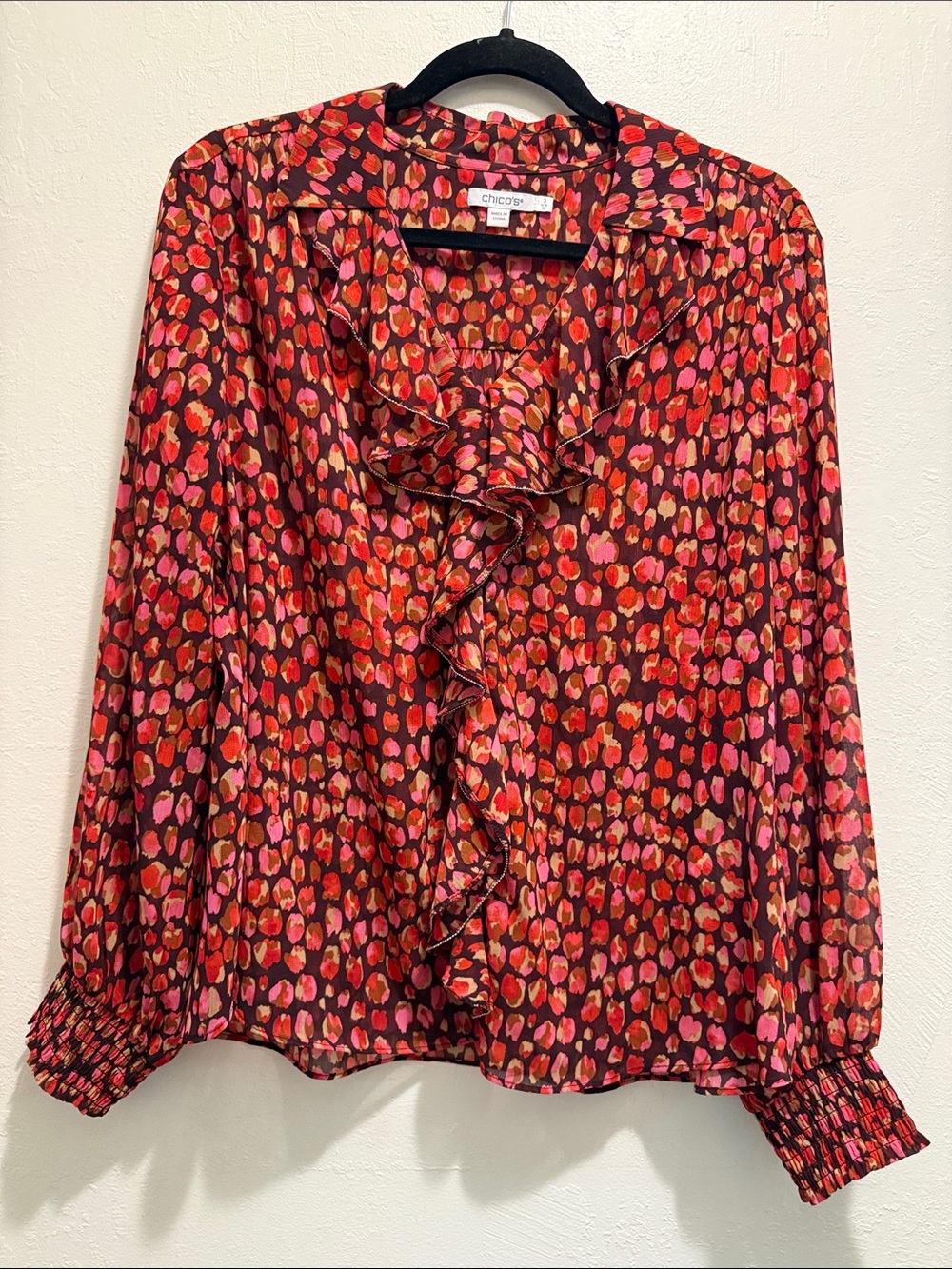 Chico’s Chiffon Ruffle Trim Blouse Animal Print Size 3 XL 16/18